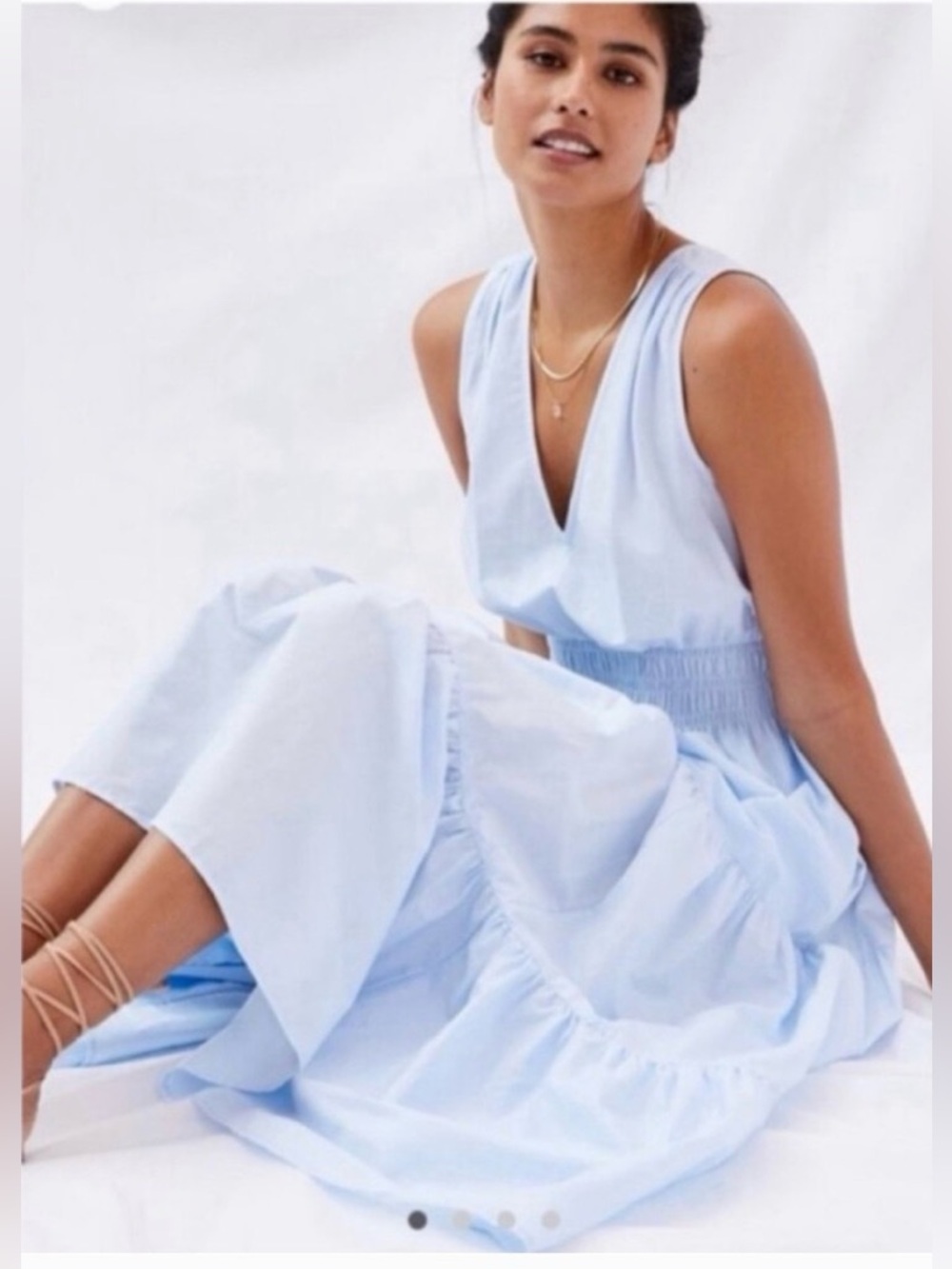 Anthropologie Maeve Tiered Midi Light Blue Cotton Dress with Pockets Size 12